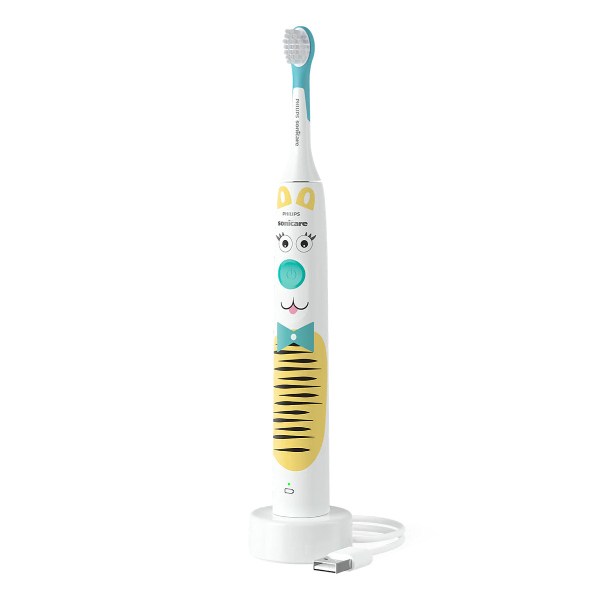 Sonicare For Kids elektrische tandenborstel met tijgerprint op oplaadstandaard met USB-kabel