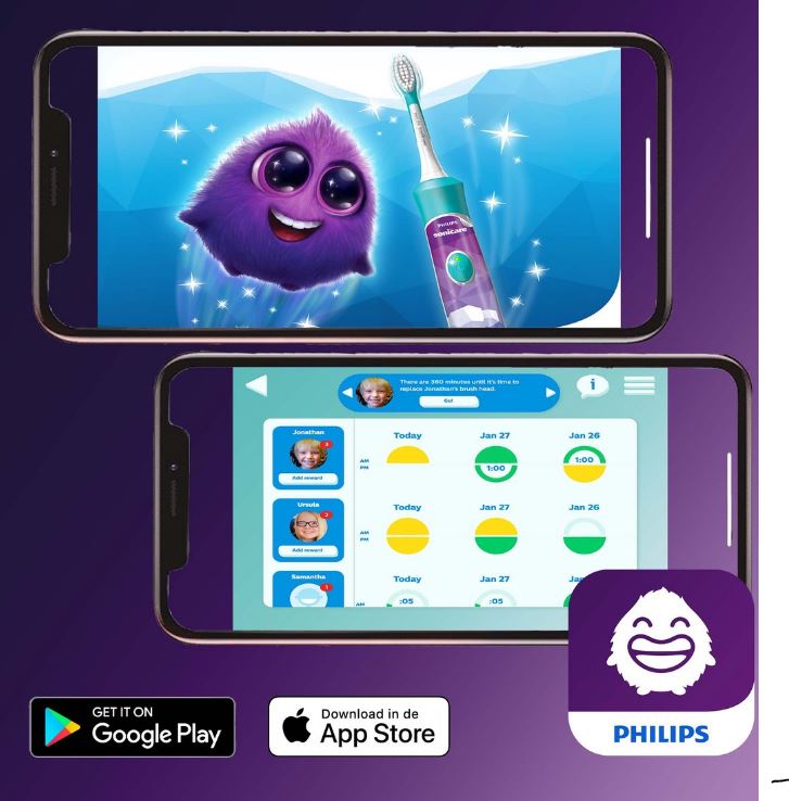 Sonicare For Kids app met paars figuurtje, poetsschema en downloadknoppen
