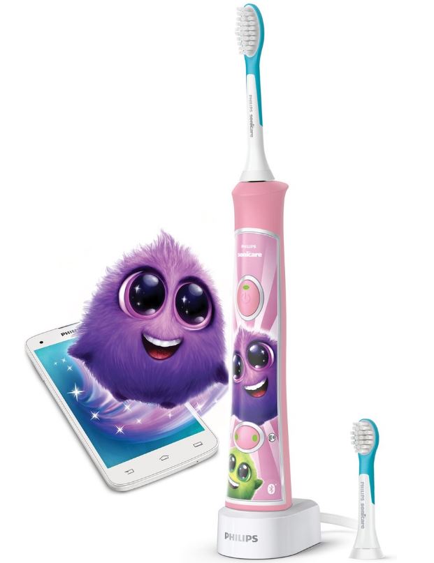 Sonicare For Kids elektrische tandenborstel roze met opzetborstel en app-figuurtje op smartphone