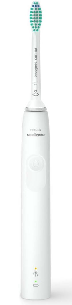Sonicare 3100 elektrische borstel wit met opzetborstel en bedieningsknop in detail