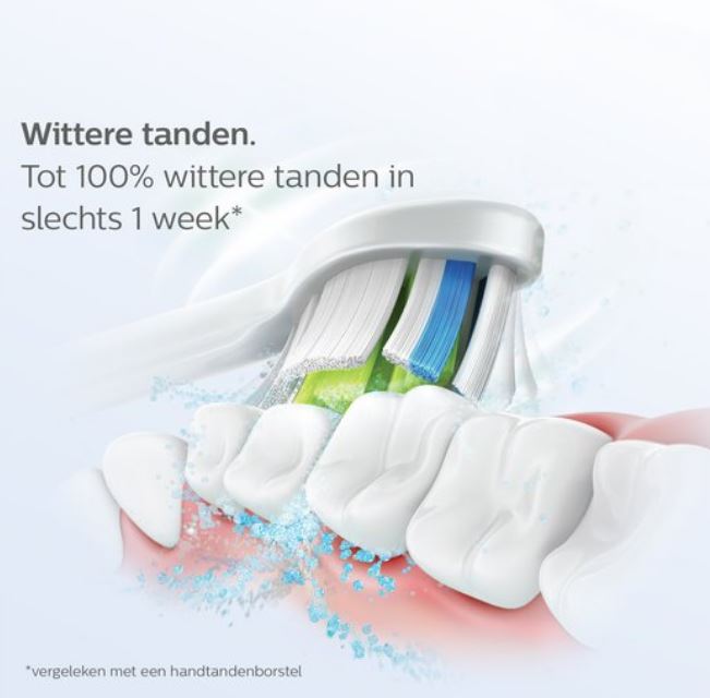 Sonicare W2 Optimal White opzetborstel poetst tanden, tekst tot 100% wittere tanden in 1 week