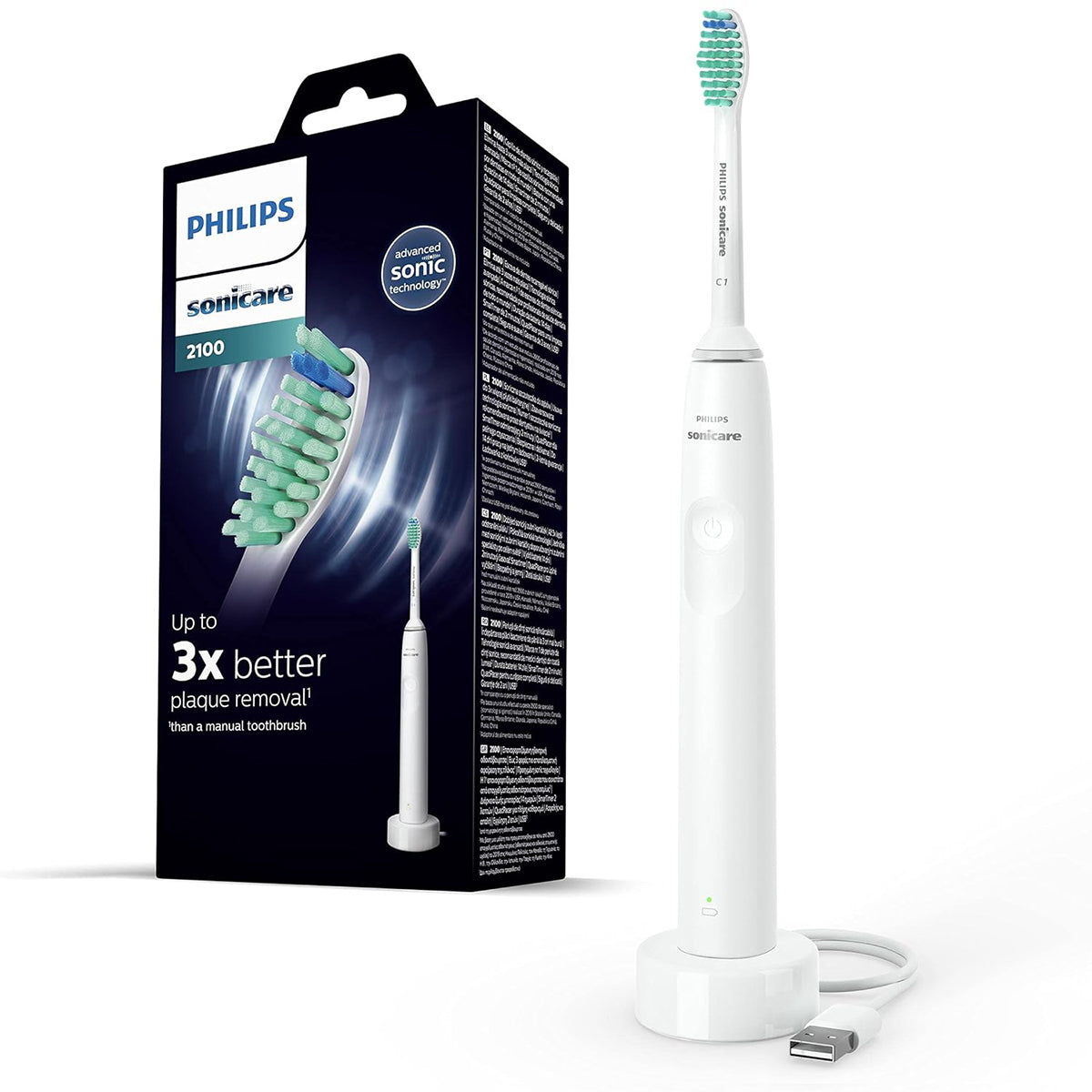 Sonicare 2100 elektrische tandenborstel wit met verpakking en oplaadstandaard