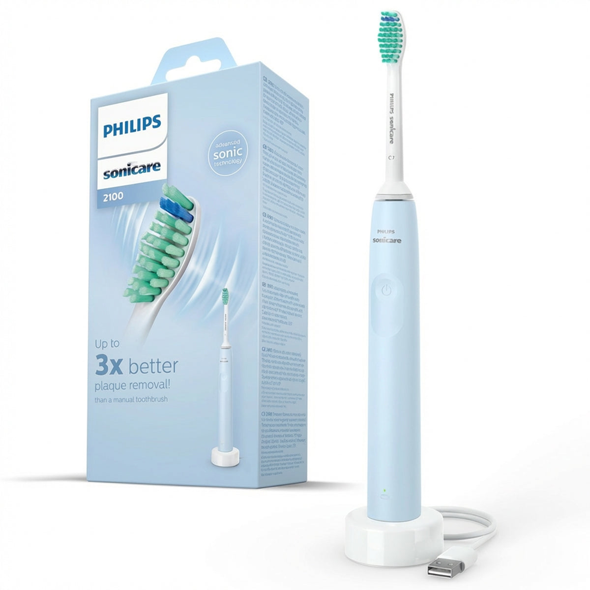 Sonicare 2100 elektrische tandenborstel blauw met verpakking en oplaadstandaard
