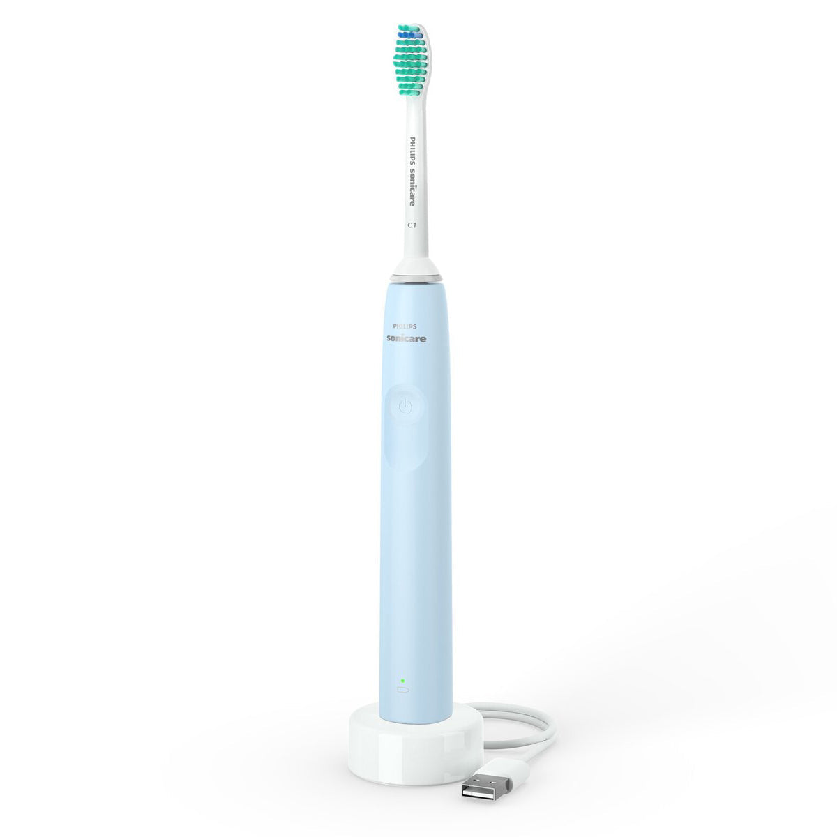 Sonicare 2100 elektrische borstel blauw op laadstandaard met usb-kabel