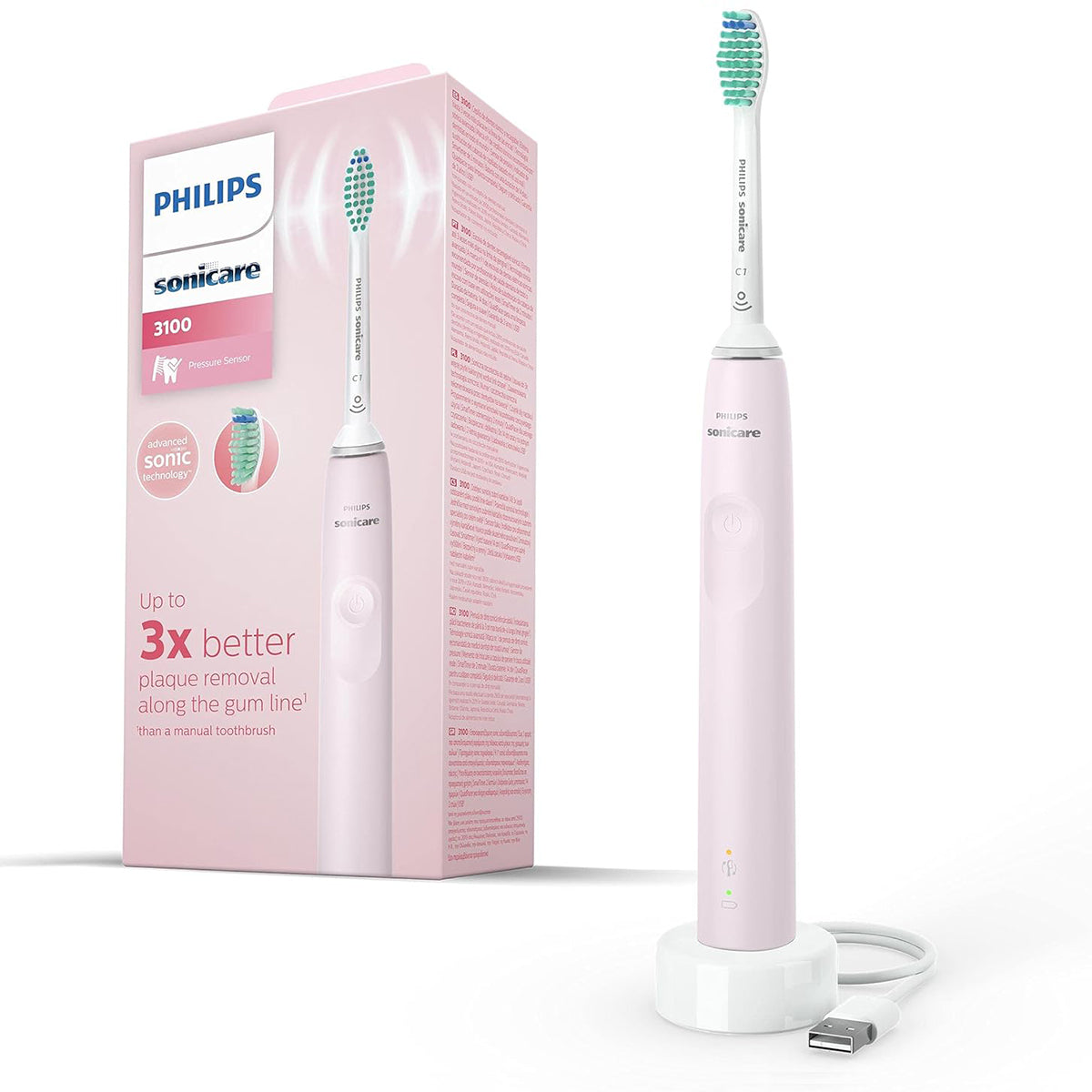 Sonicare 2100 elektrische tandenborstel roze met verpakking en oplaadstandaard