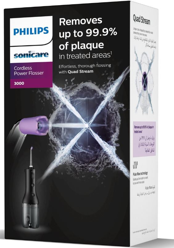 Sonicare Cordless Powerflosser 3000 verpakking met Quad Stream waterstraal detail