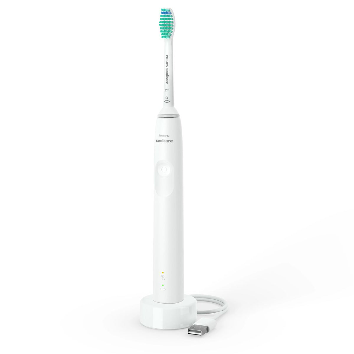 Sonicare 3100 elektrische tandenborstel wit op laadstandaard met USB-kabel