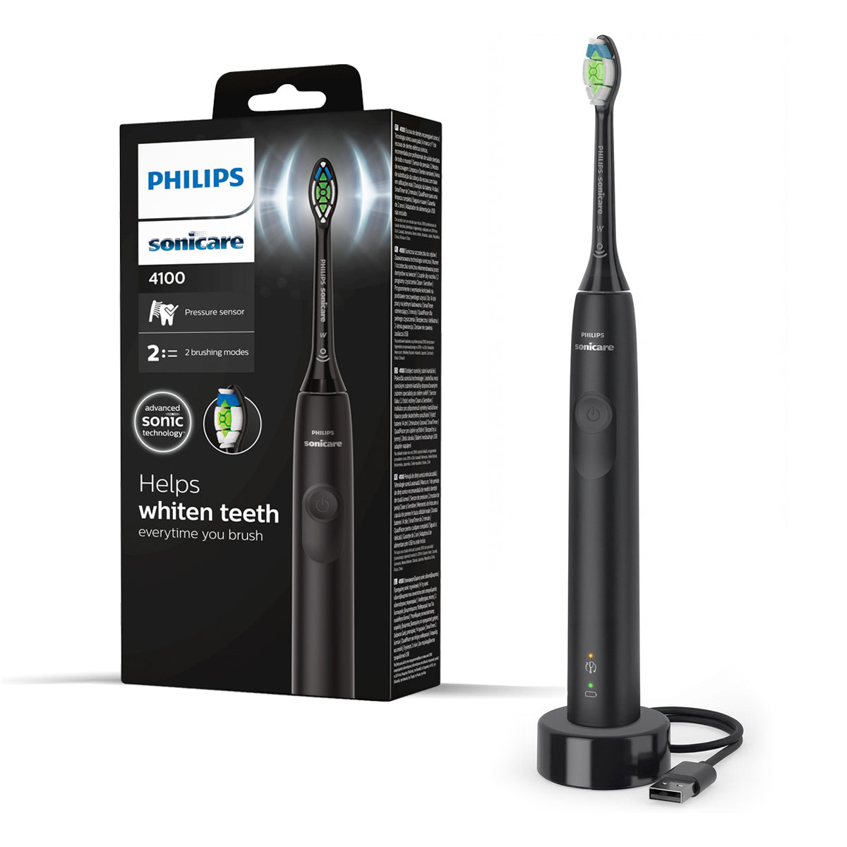 Sonicare 4100 elektrische tandenborstel zwart met verpakking en oplaadstandaard