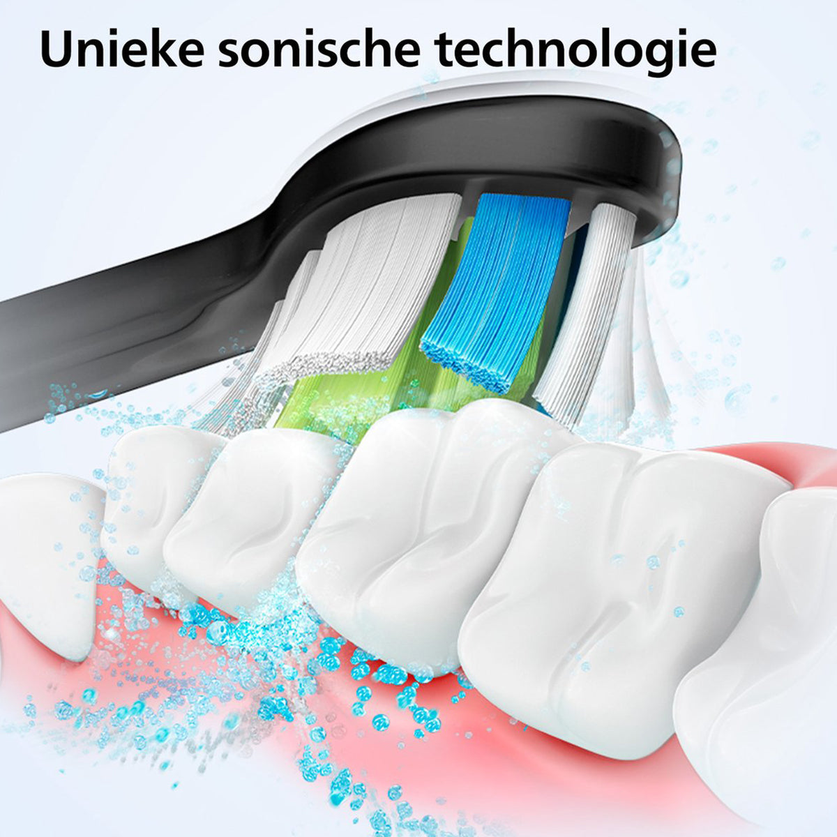 Sonicare 4100 opzetborstel close-up op tanden met tekst unieke sonische technologie