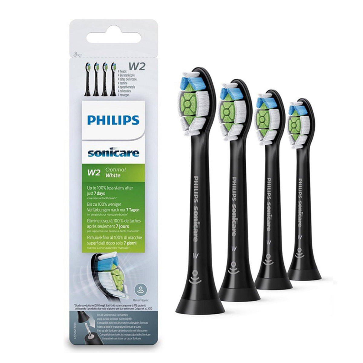 Sonicare W2 Optimal White HX6064/11 opzetborstels zwart met verpakking, set van vier
