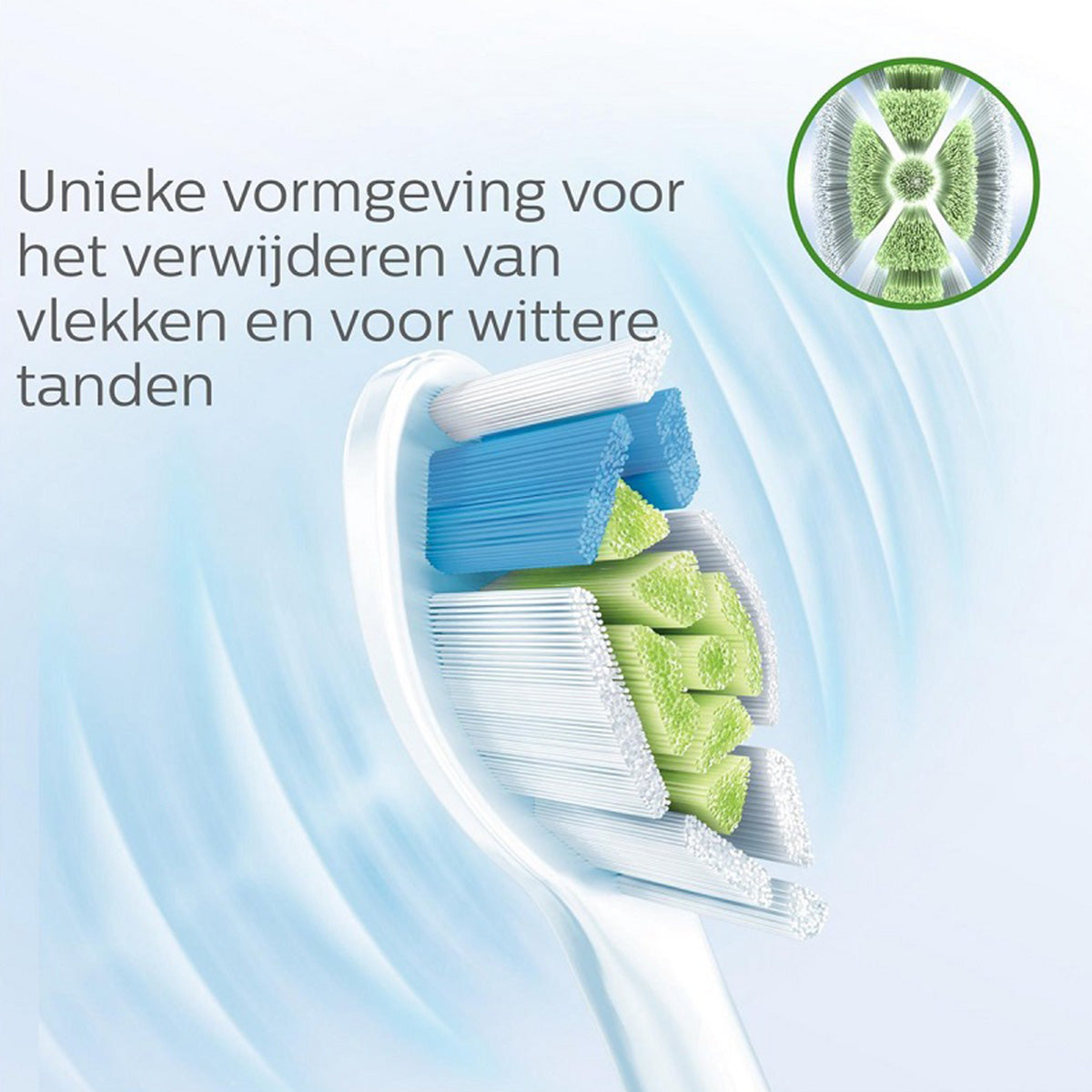 Sonicare W2 Optimal White opzetborstel detail borstelharen met tekst unieke vormgeving