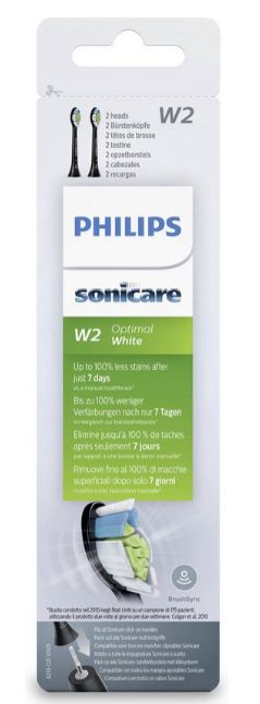 Sonicare W2 Optimal White verpakking met tekst tot 100% minder verkleuring