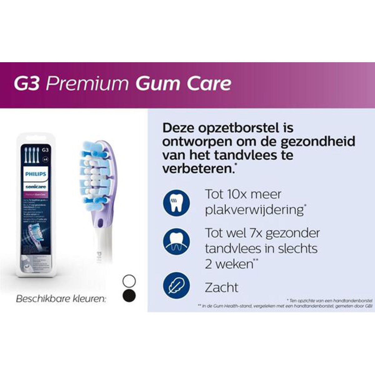 Sonicare G3 Premium Gum Care opzetborstel met voordelen en kleuren uitgelicht