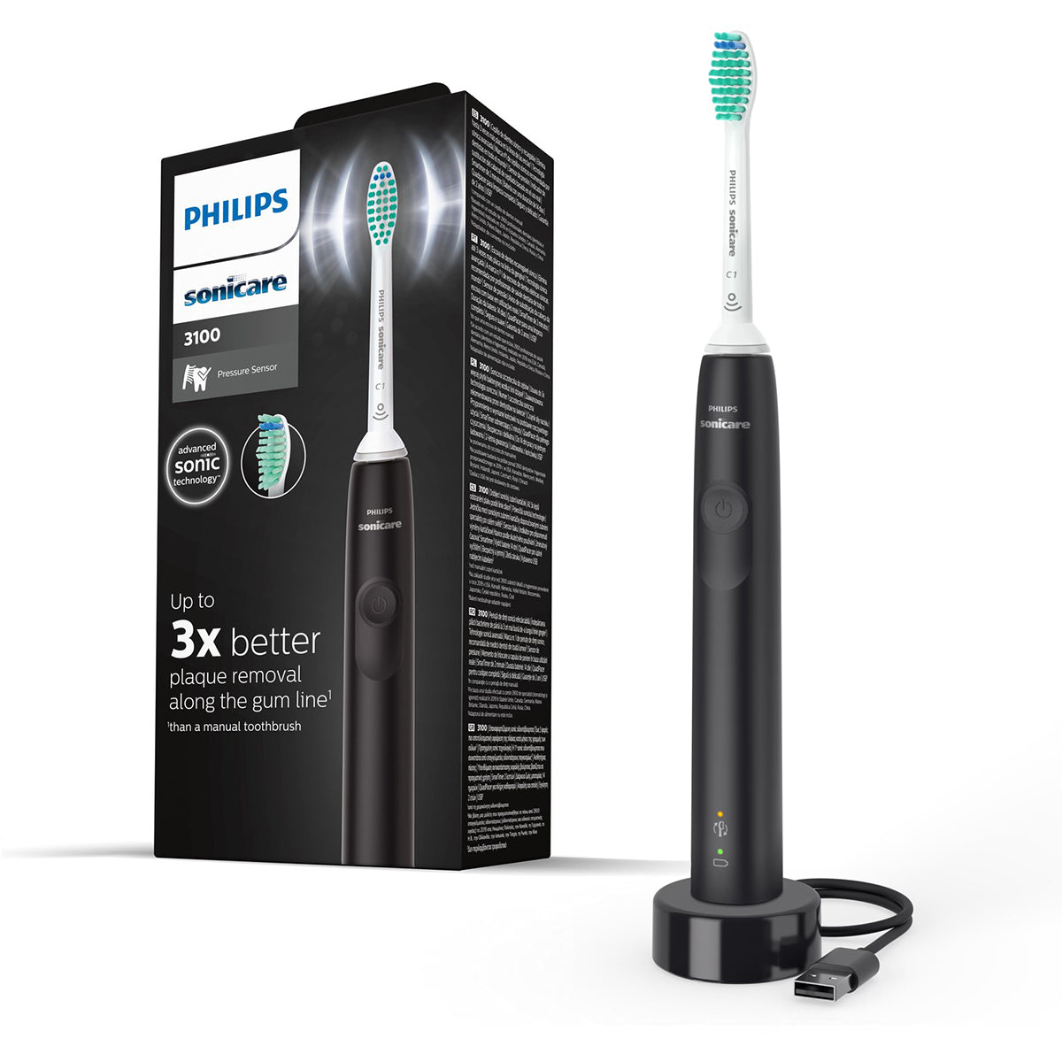 Sonicare 3100 elektrische tandenborstel zwart met verpakking en oplaadstation