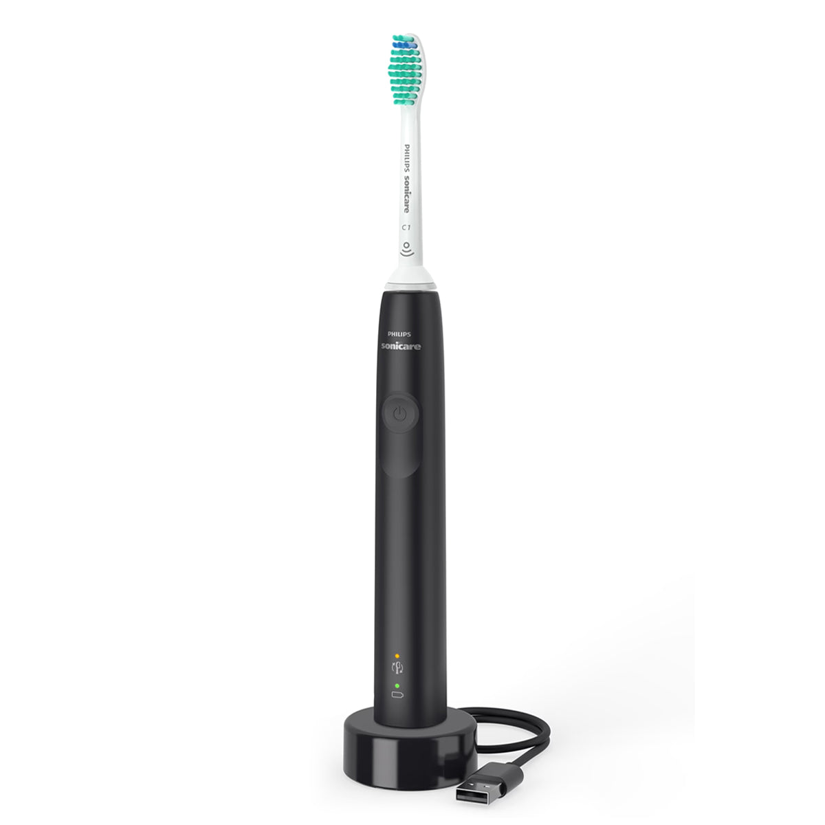 Sonicare 3100 elektrische tandenborstel zwart op oplaadstandaard met usb-kabel