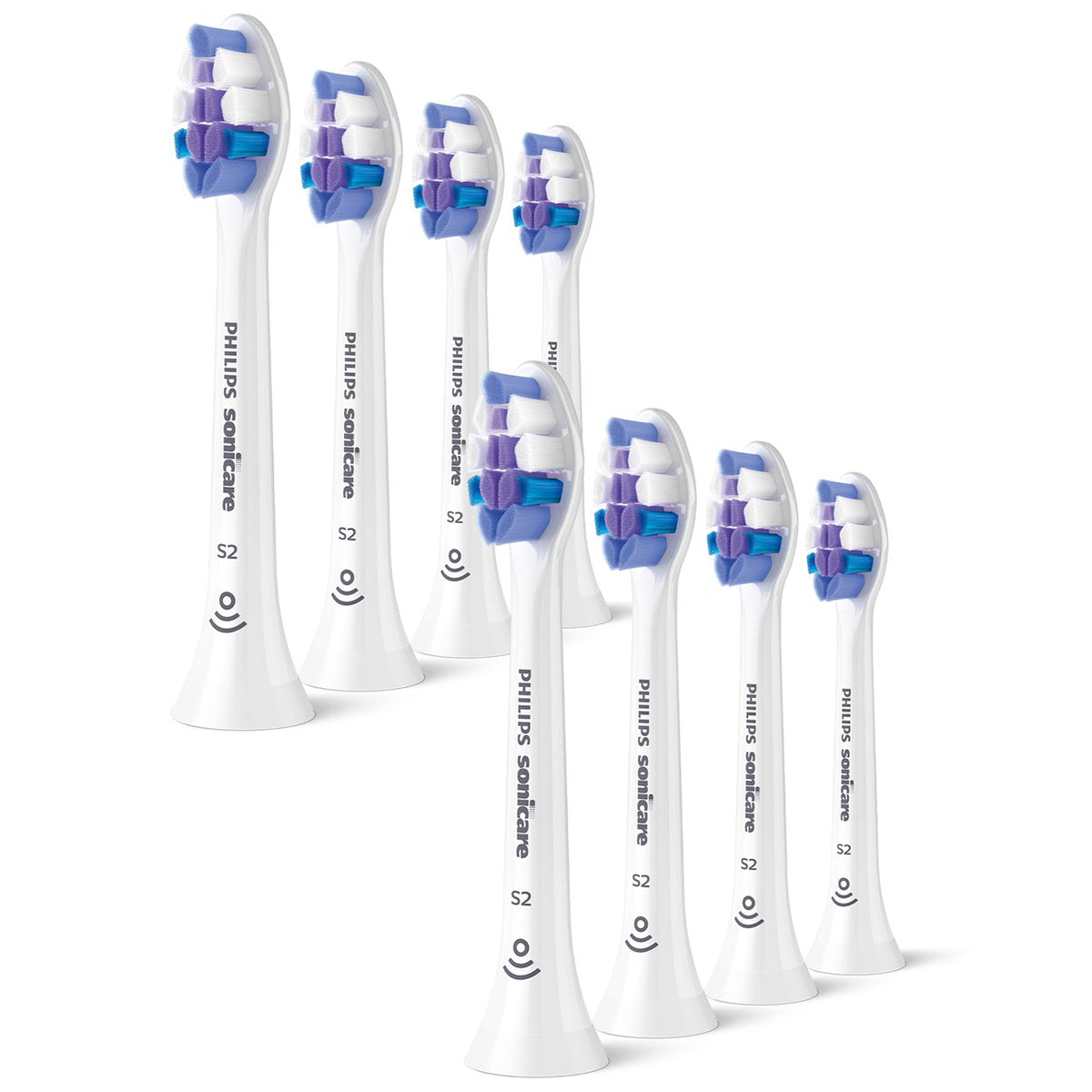 Sonicare S2 Optimal Sensitive opzetborstels, acht witte opzetborstels naast elkaar
