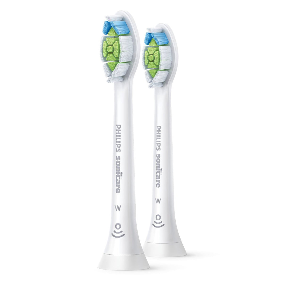 Sonicare W2 Optimal White opzetborstels, twee stuks naast elkaar op wit