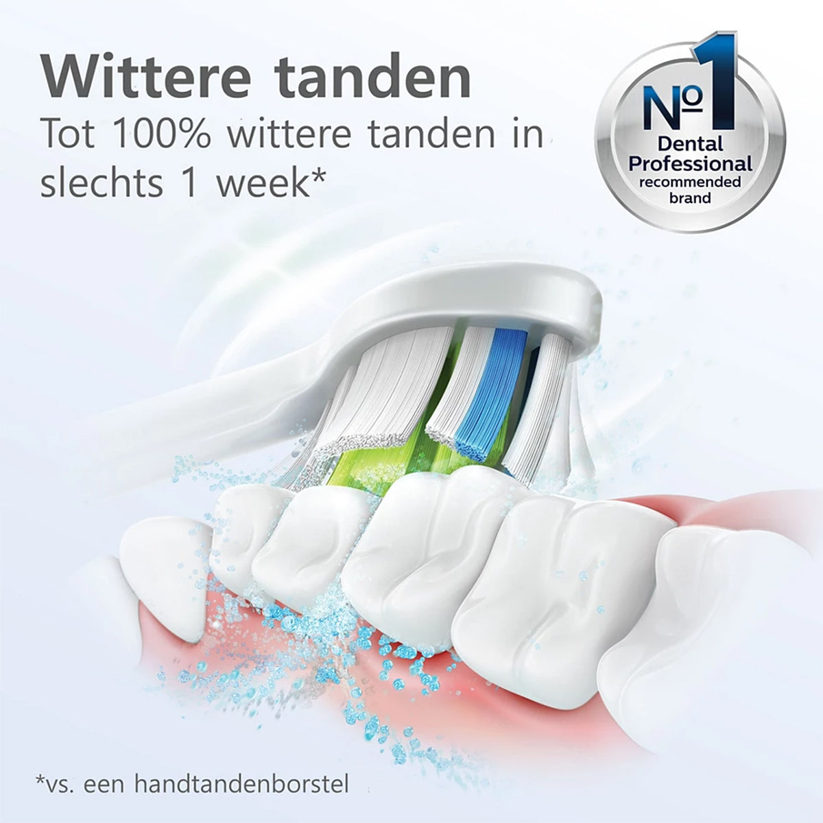 Sonicare opzetborstel poetst tanden, tekst tot 100% wittere tanden in 1 week