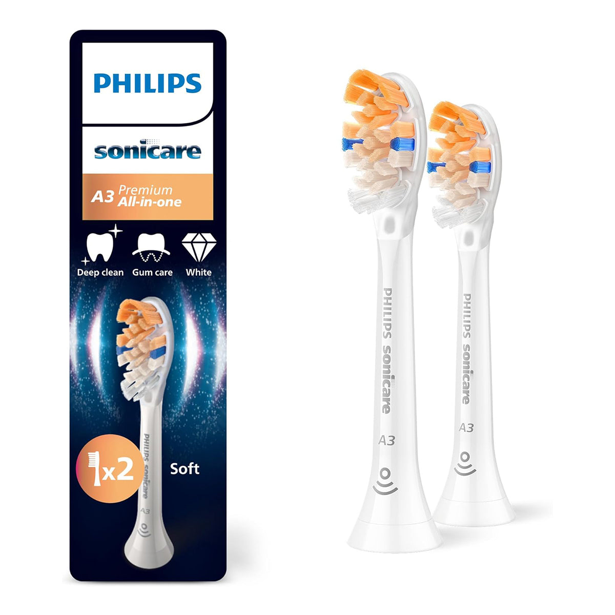 Sonicare A3 Premium All-in-One opzetborstels wit met verpakking, doosje 2 stuks