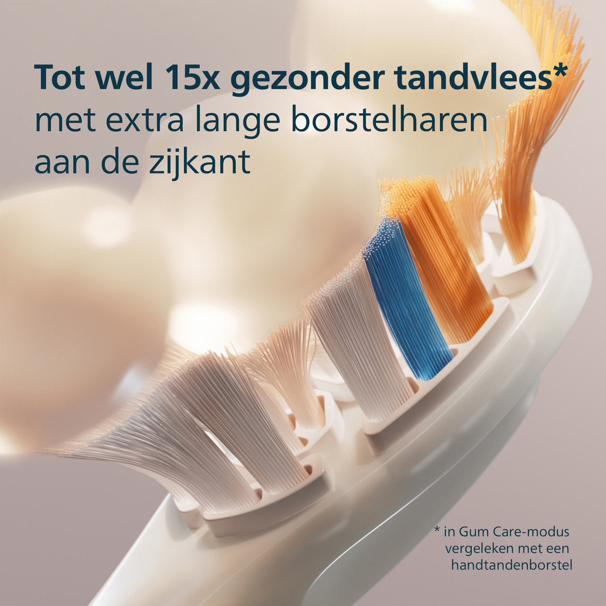Sonicare A3 Premium AIO opzetborstel detail met extra lange borstelharen zijkant