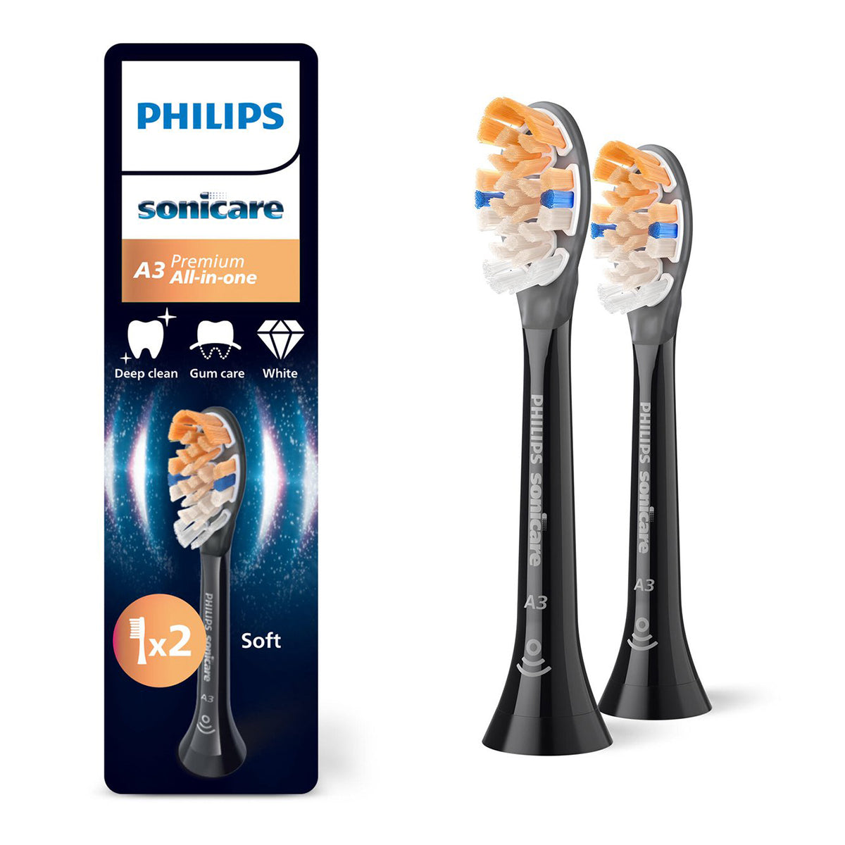 Sonicare A3 Premium All-in-One opzetborstels zwart, verpakking en twee opzetstukken