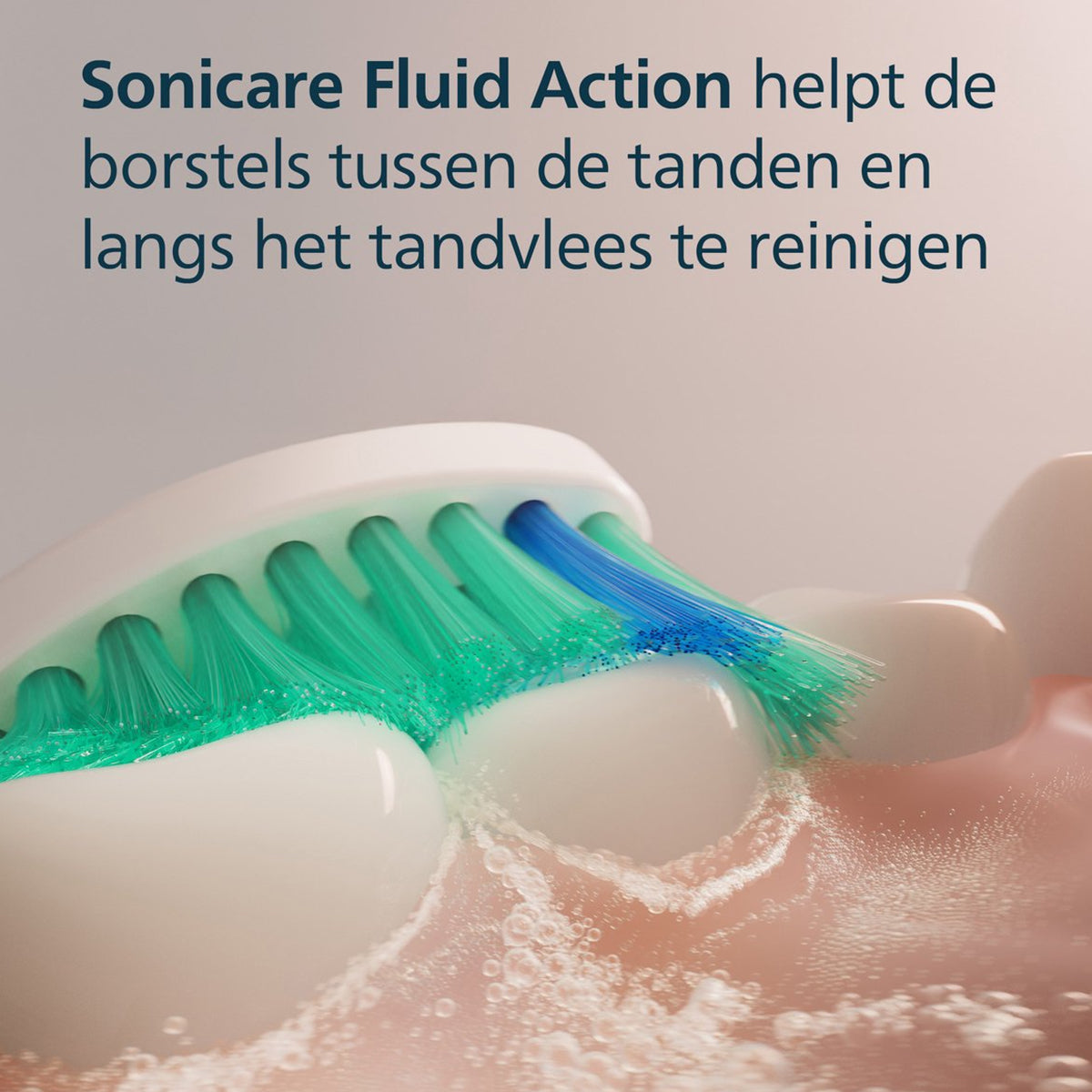 Sonicare ProResults opzetborstel close-up met groene en blauwe borstelharen tussen tanden