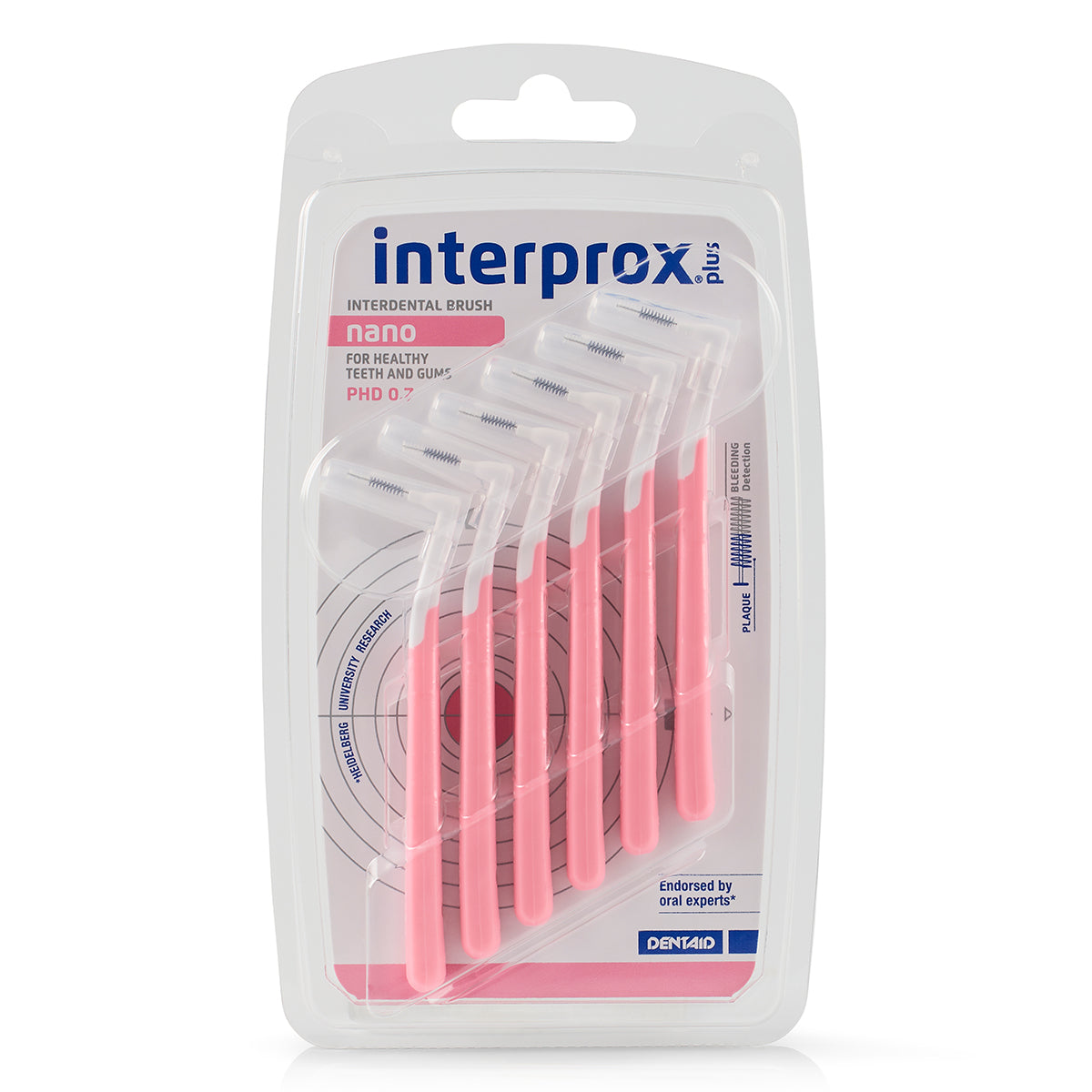 Interprox Plus PHD 0,7 Nano interdentale rager, verpakking met zes roze borsteltjes