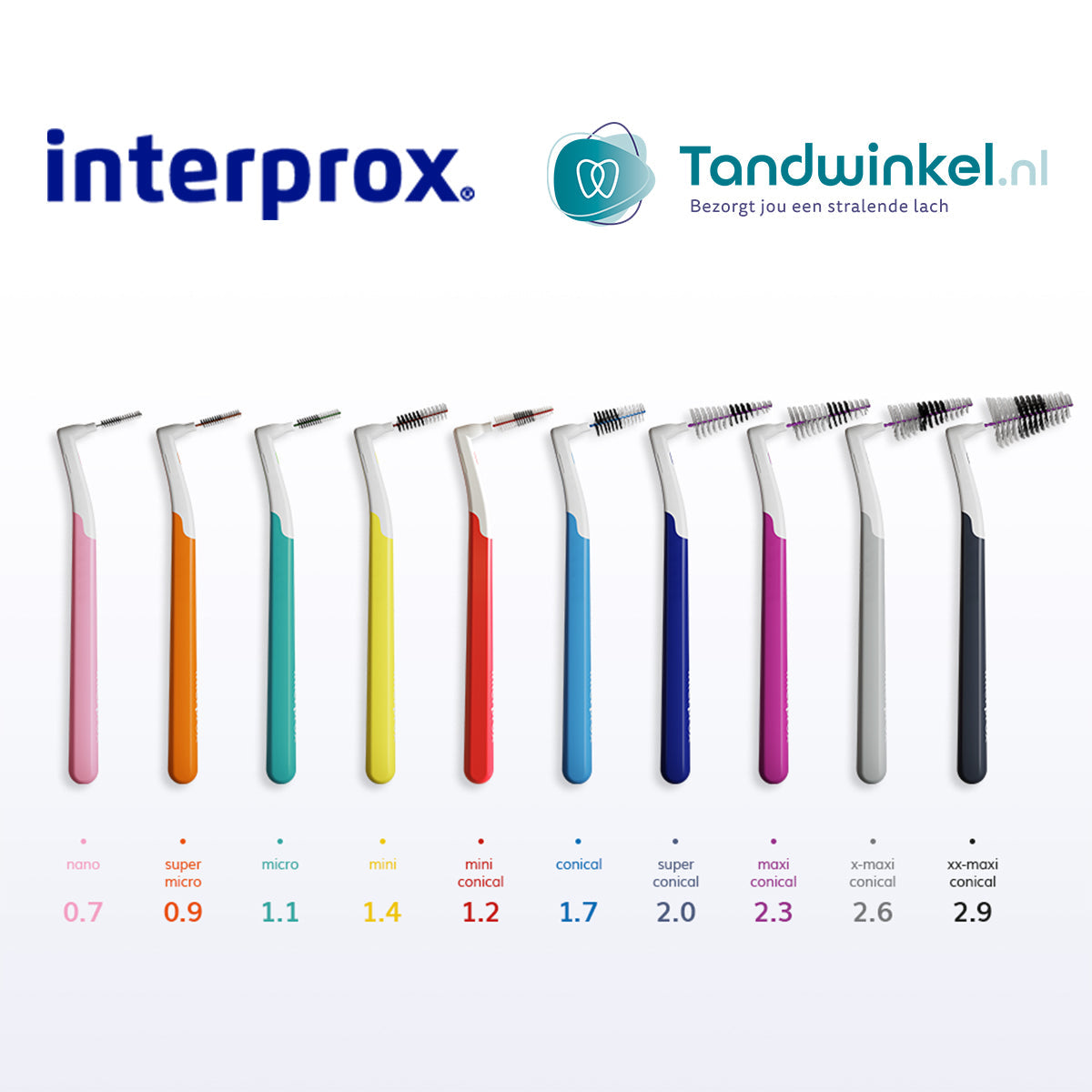 Interprox Plus alle maten op een rij met kleurcodes en afmetingen