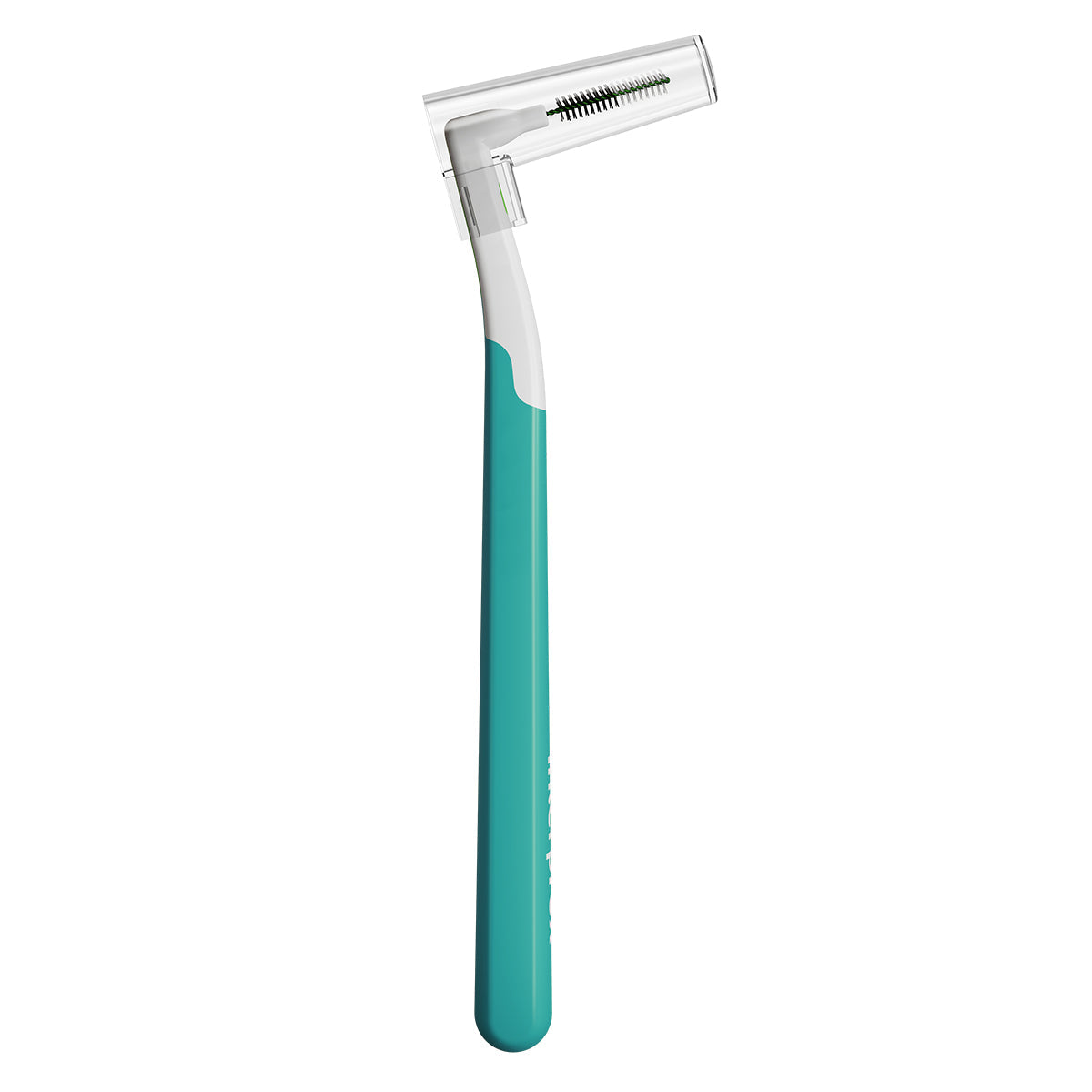 Dentaid Interprox Plus PHD 1,1 Micro ragertje met turquoise handvat schuin aanzicht