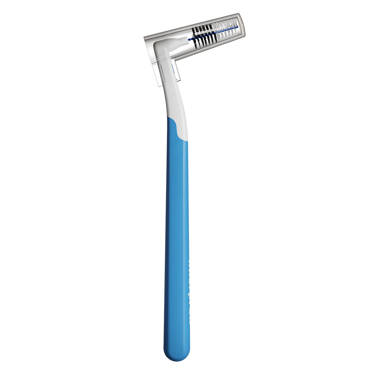 Dentaid Interprox Plus PHD 1,7 Conical ragerborstel met blauwe steel schuin geplaatst
