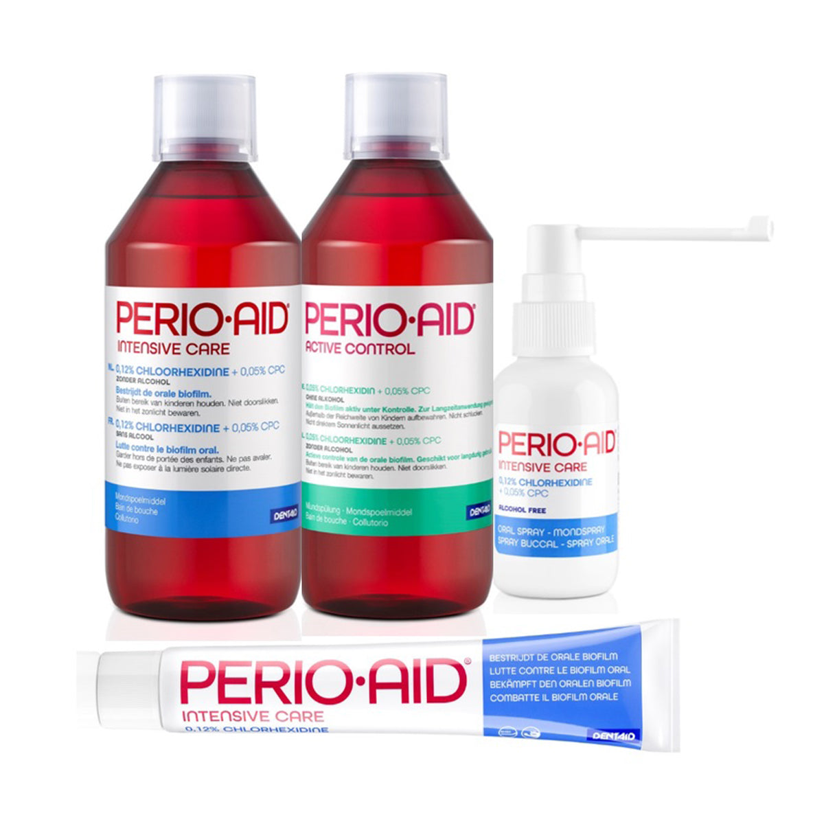 Perio Aid Intensive Care mondspoeling, spray en gel tandpasta samen