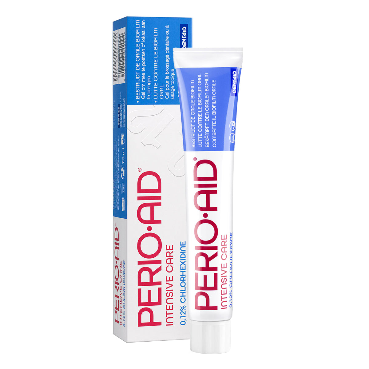 Perio Aid Intensive Care gel tandpasta 0.12% tube naast verpakkingsdoos