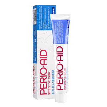 Perio Aid Intensive Care gel tandpasta 0.12% tube naast verpakkingsdoos
