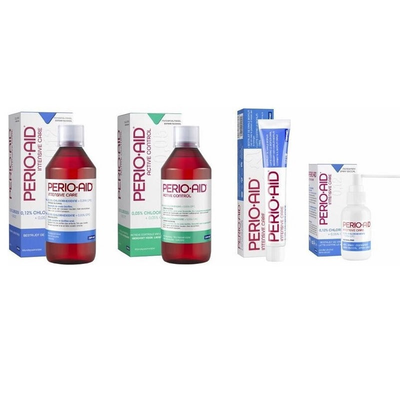 Perio Aid Intensive Care mondspray 0,12% naast tandpasta, mondspoeling en verpakkingen