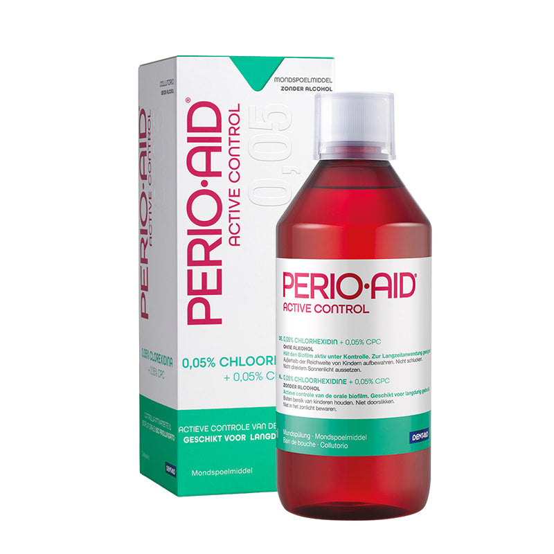 Perio Aid Active Control mondspoeling 0.05% fles met verpakkingsdoos ernaast