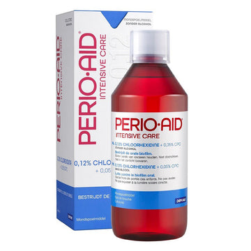 Perio Aid Intensive Care mondspoeling 0.12% fles met verpakkingsdoos ernaast