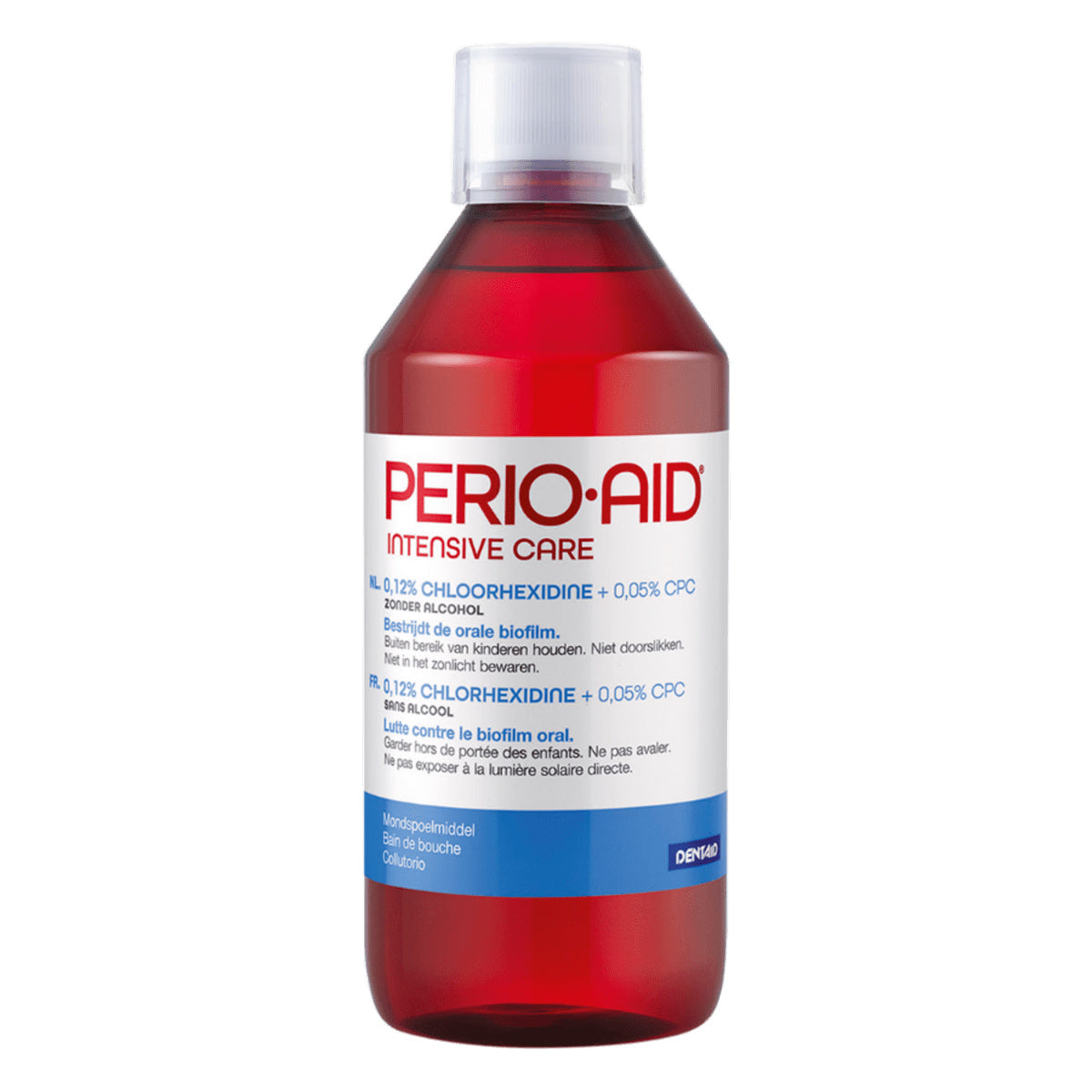 Perio Aid Intensive Care mondspoeling fles zijkant met chloorhexidine informatie