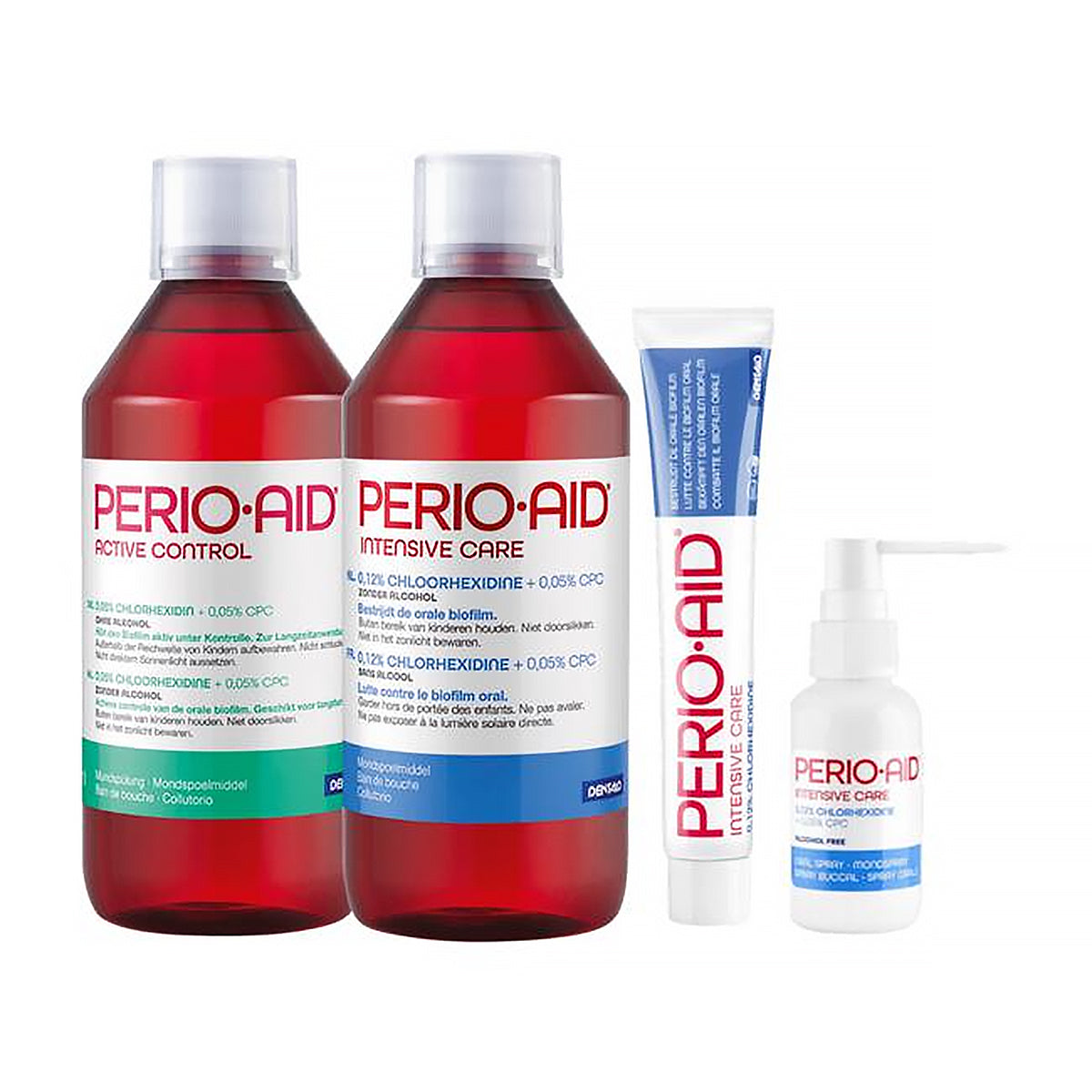 Perio Aid Intensive Care mondspoeling naast gel en spray uit dezelfde productlijn