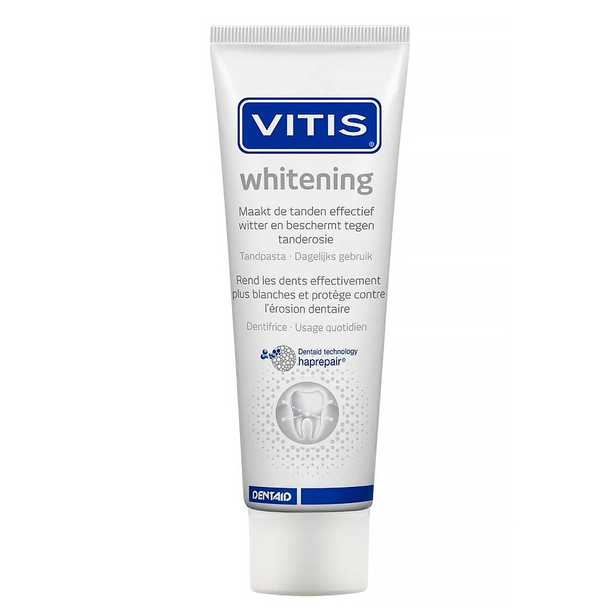 Vitis Whitening tandpasta tube met tekst over tandenwitheid en tandenerosiebescherming