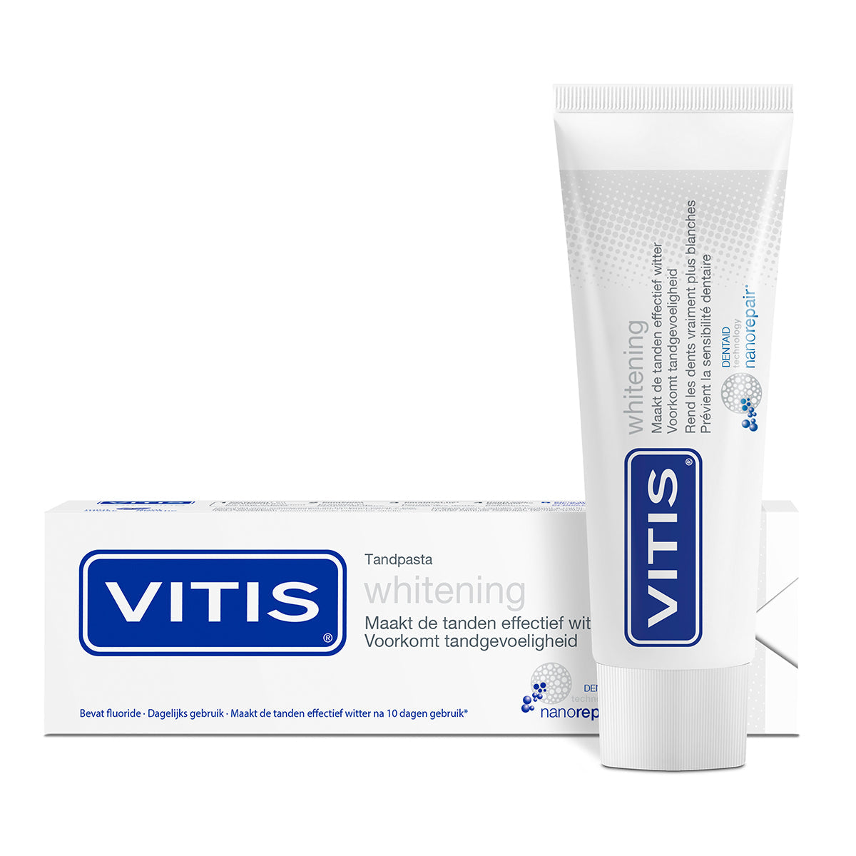 Vitis Whitening tandpasta doos en tube naast elkaar met tekst maakt tanden effectief witter