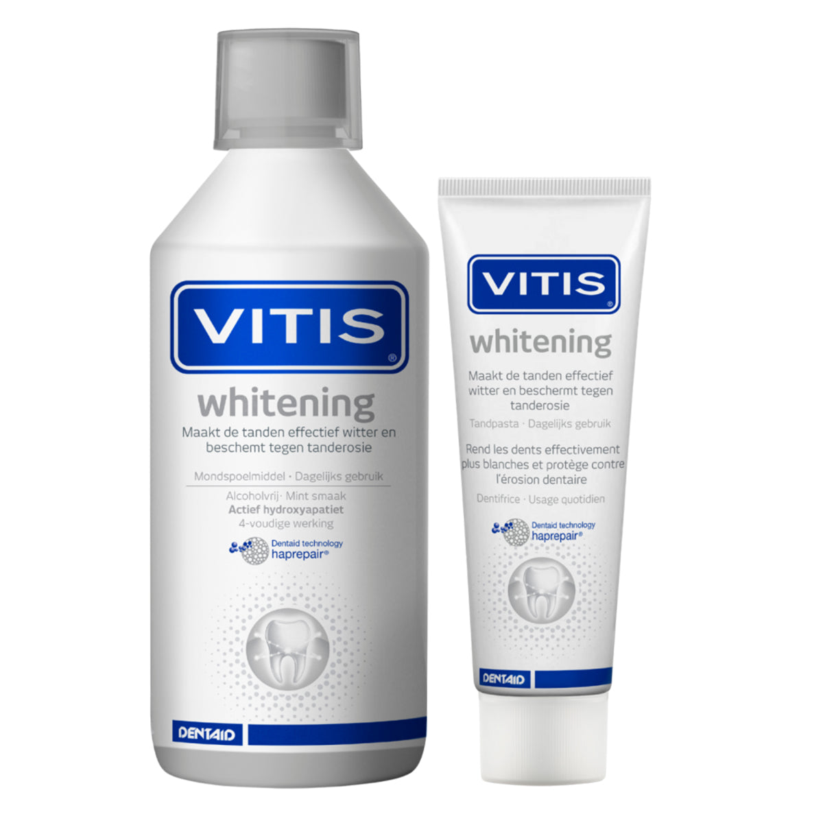 Vitis Whitening mondspoelmiddel en tandpasta verpakkingen naast elkaar