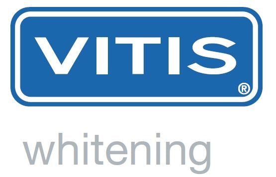 Vitis Whitening logo in blauw met wit, tekst whitening eronder