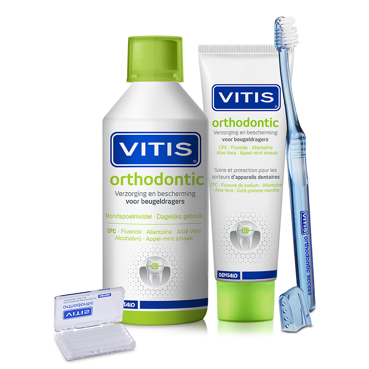 Vitis Orthodontic mondspoeling, tandpasta, tandenborstel en wax voor beugeldragers