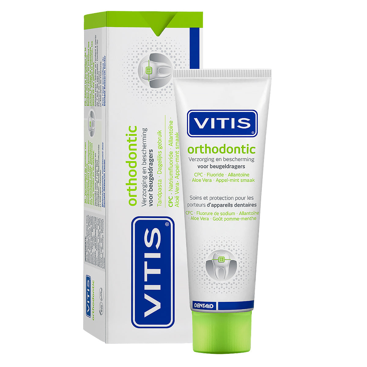 Vitis Orthodontic tandpasta, verpakking en tuube naast elkaar voor beugeldragers