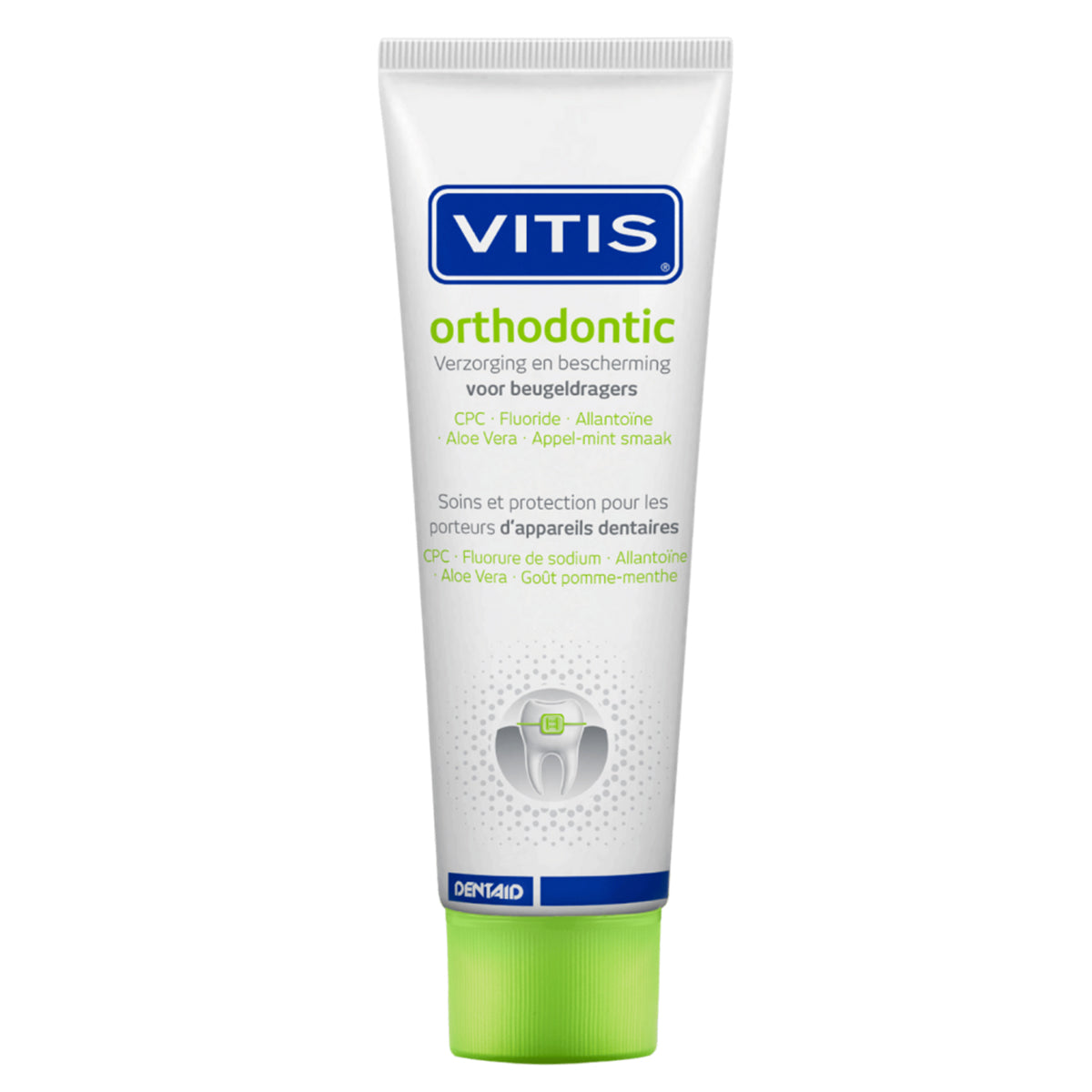 Vitis Orthodontic tandpasta tube met groene dop en dopsluiting rechtop
