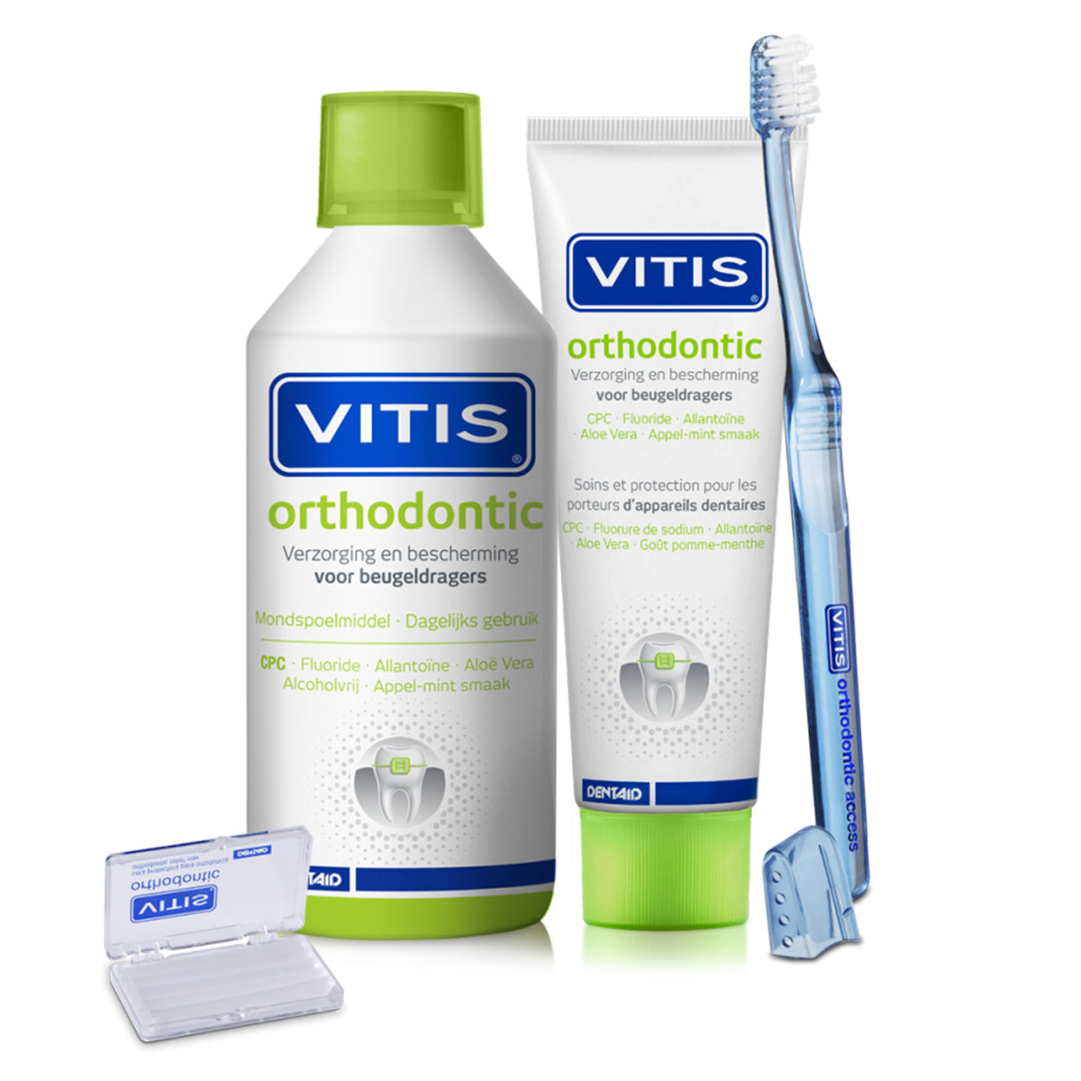 Vitis Orthodontic tandpasta compleet met mondspoelmiddel, tandenborstel en wax voor beugeldragers