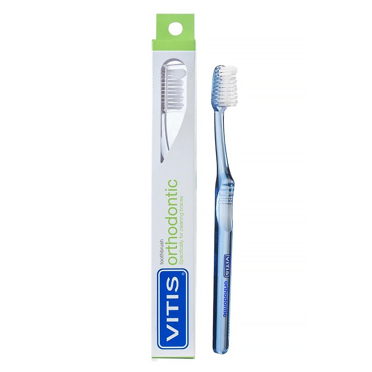 Vitis tandenborstel Orthodontic Access naast blauwe verpakking met logo