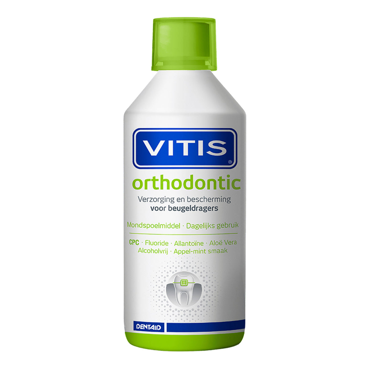 Vitis Orthodontic mondspoelmiddel fles met groene dop voor beugeldragers