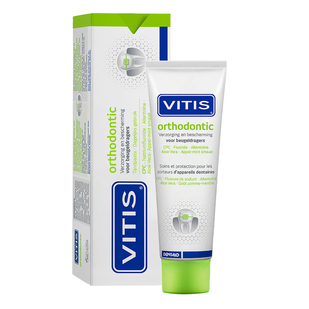 Vitis Orthodontic tandpasta tube met verpakking, appel-mint smaak voor beugeldragers