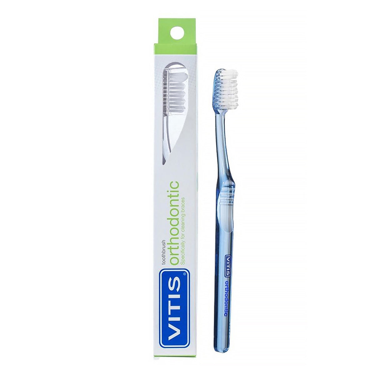 Vitis Orthodontic tandenborstel naast verpakking met blauwe transparante handgreep